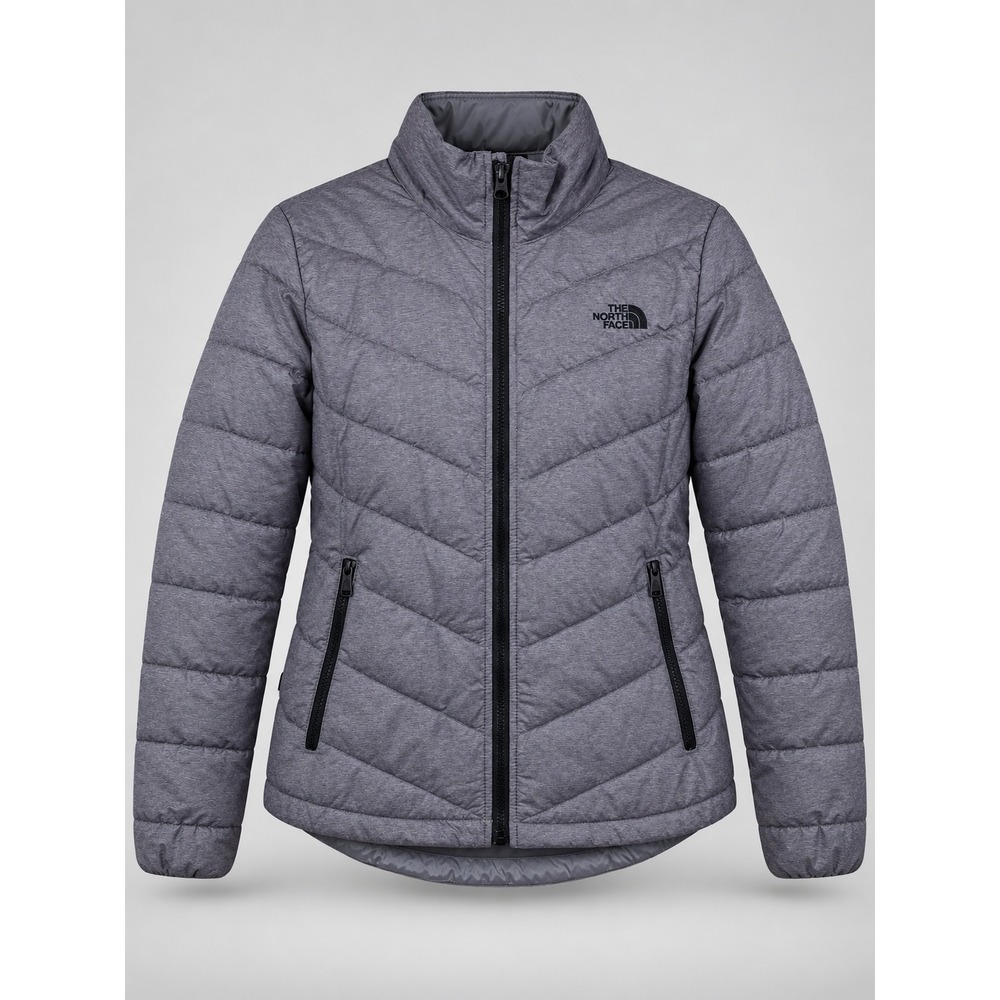 The North Face Puffer Jacket Womens M Gray Chevron Quilted Zip